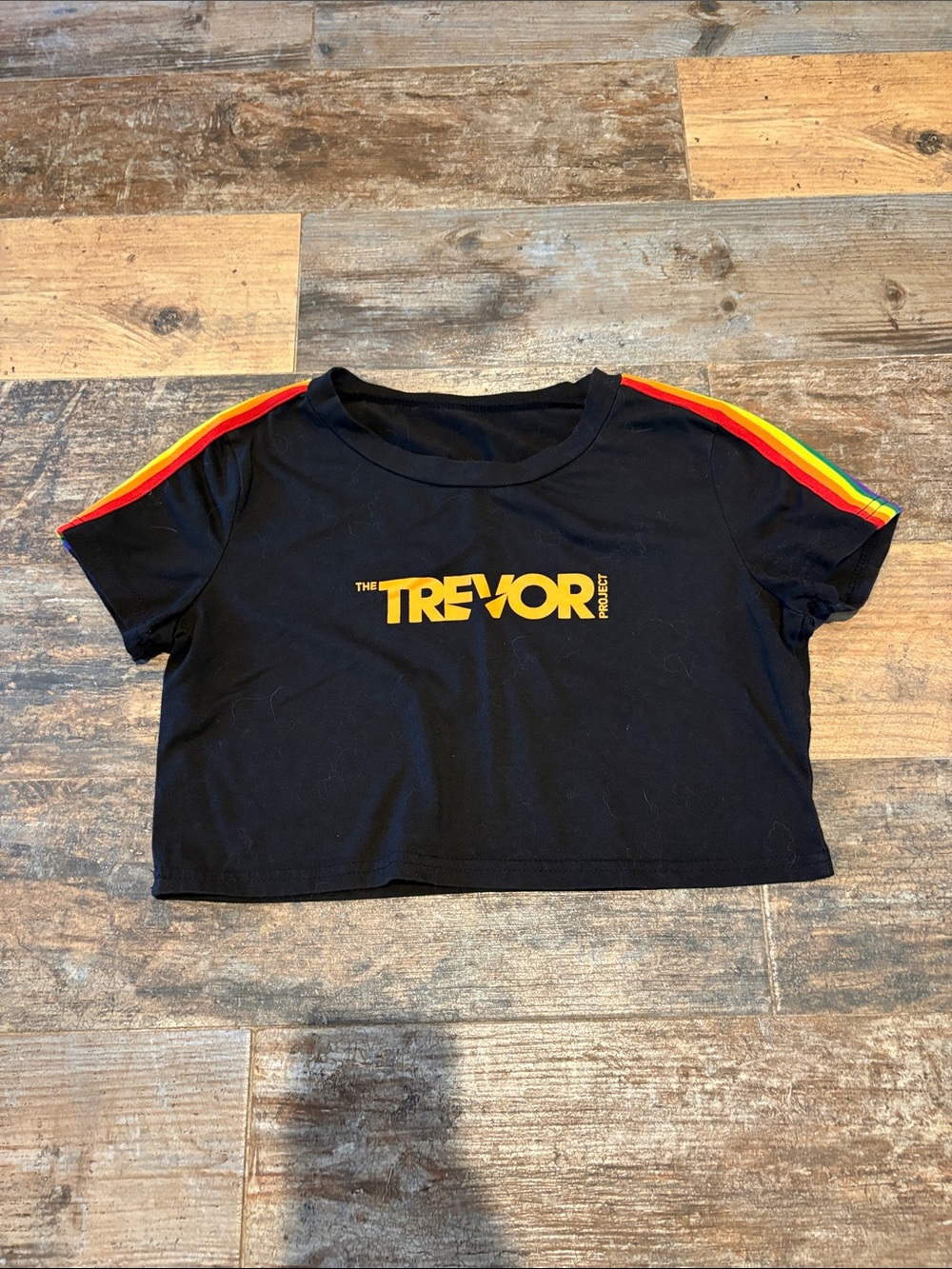Black Crop Tee with Rainbow Shoulder Stripes - Kids